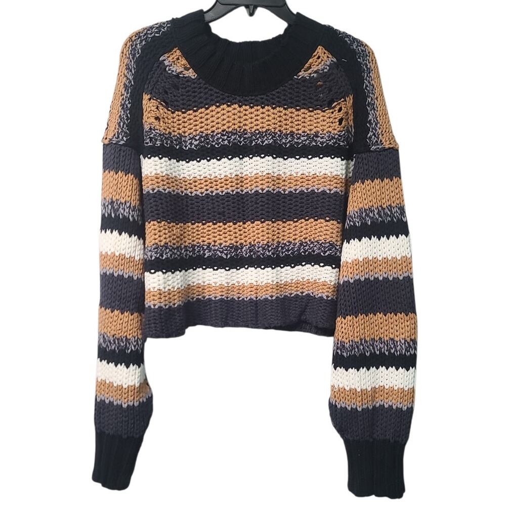 Free People Devon Stripe Crop Sweater Medium Black Tan White Gray